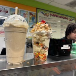 Coffee flavored milkshake with malt & M&M Sunday with butterfinger topping. Coffee flavored milkshake with malt & M&M Sunday with butterfinger topping.