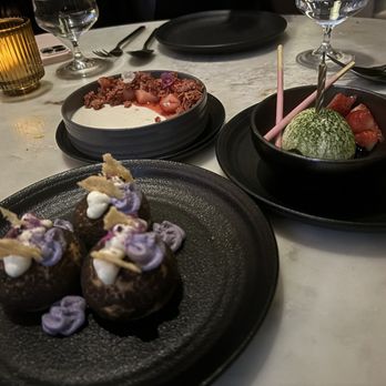 Animae - Desserts: Ube profiteroles, Panna Cotta, & matcha cake birthday treat (not a fan) - Asian Fusion Near Me - San Diego, California