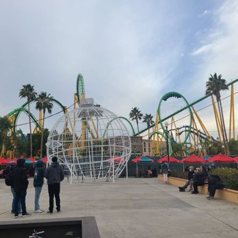 Six Flags Magic Mountain - The Riddler's Revenge behind the holiday ornament decoration - Amusement Parks Near Me - Valencia, California Six Flags Magic Mountain - The Riddler's Revenge behind the holiday ornament decoration - Amusement Parks Near Me - Valencia, California
