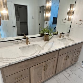 Creative Surfaces - Master vanity countertop showcasing Cambria Brittanicca quartz. - Countertop Installation Near Me - Rapid City, South Dakota