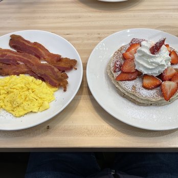 Hills Cafe - Austin Ranch - For Dad breakfast with scrambled eggs and Bacon and upgraded to strawberry pancakes - Breakfast & Brunch Near Me - The Colony, Texas