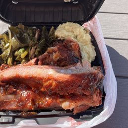 Half slab with potato salad and collard greens. Half slab with potato salad and collard greens.