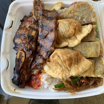 Me's BBQ - Sunny's special- Kal Bi Bar - b - q, Bar - b - q Chicken, Meat Jun, mandoo + 4 sides + 2 scoops of rice - Korean Near Me - Honolulu, Hawaii Me's BBQ - Sunny's special- Kal Bi Bar - b - q, Bar - b - q Chicken, Meat Jun, mandoo + 4 sides + 2 scoops of rice - Korean Near Me - Honolulu, Hawaii