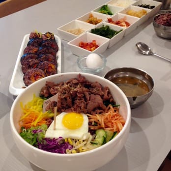 Mixed Grain - Bibimbap with bulgogi, chicken rice roll (kimbap), miso soup, and side dishes (banchan) - Korean Near Me - Walnut Creek, California Mixed Grain - Bibimbap with bulgogi, chicken rice roll (kimbap), miso soup, and side dishes (banchan) - Korean Near Me - Walnut Creek, California