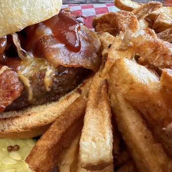 Westovers Country Grill - Bacon, onion ring and bbq sauce burger.  Great fries - American Near Me - Benton, Pennsylvania