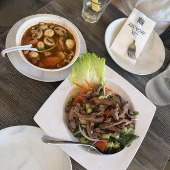 Swan Thai - Tom Yum (Cup) & Spicy Thai Beef Salad - Thai Near Me - Rancho Palos Verdes, California Swan Thai - Tom Yum (Cup) & Spicy Thai Beef Salad - Thai Near Me - Rancho Palos Verdes, California