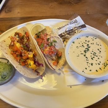Bahama Breeze - Blackened Mahi Tacos (2) and Bahamian Seafood Chowder - Latin American Near Me - Orlando, Florida Bahama Breeze - Blackened Mahi Tacos (2) and Bahamian Seafood Chowder - Latin American Near Me - Orlando, Florida