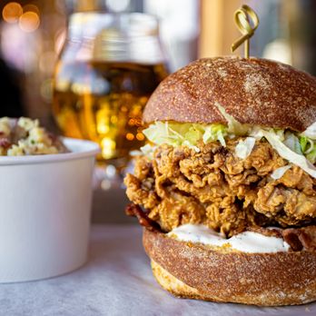 Saraveza - Fried Chicken Sandwich w/ Potato Salad - Beer, Wine & Spirits Near Me - Portland, Oregon Saraveza - Fried Chicken Sandwich w/ Potato Salad - Beer, Wine & Spirits Near Me - Portland, Oregon