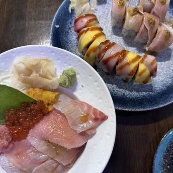 Origin Sushi - left to right: kaisen don, spicy hamachi roll, poki roll - Sushi Bars Near Me - Pleasanton, California