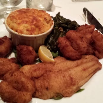 Delta's - the fried seafood platter (shrimp, catfish, hush puppies) with mac and cheese and collard greens - Soul Food Near Me - New Brunswick, New Jersey Delta's - the fried seafood platter (shrimp, catfish, hush puppies) with mac and cheese and collard greens - Soul Food Near Me - New Brunswick, New Jersey