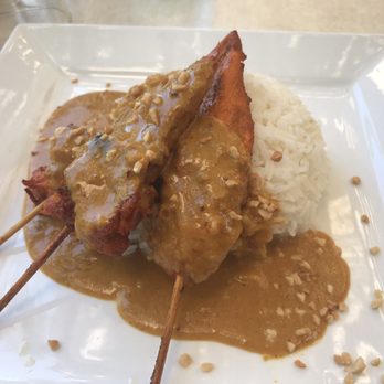 Hot Chilli Bean Thai Cafe - Satay Chicken Skewers, with freshly steamed rice. Delicious - Thai Near Me - Coolum Beach, QLD Hot Chilli Bean Thai Cafe - Satay Chicken Skewers, with freshly steamed rice. Delicious - Thai Near Me - Coolum Beach, QLD