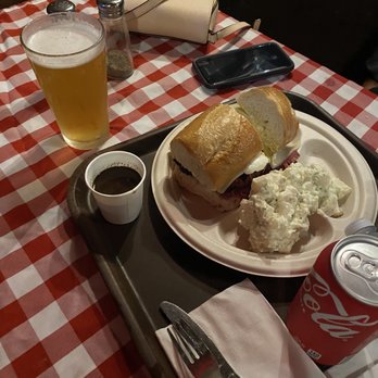 Tommy's Joynt - Pastrami sandwich with cheese, potato salad and a beer - American Near Me - San Francisco, California Tommy's Joynt - Pastrami sandwich with cheese, potato salad and a beer - American Near Me - San Francisco, California