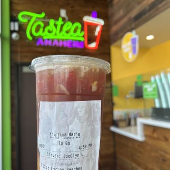 Tastea - 32oz Lychee Peachee, MED sweet, with Pulsed Mango bits & Watermelon bits - Bubble Tea Near Me - Garden Grove, California Tastea - 32oz Lychee Peachee, MED sweet, with Pulsed Mango bits & Watermelon bits - Bubble Tea Near Me - Garden Grove, California
