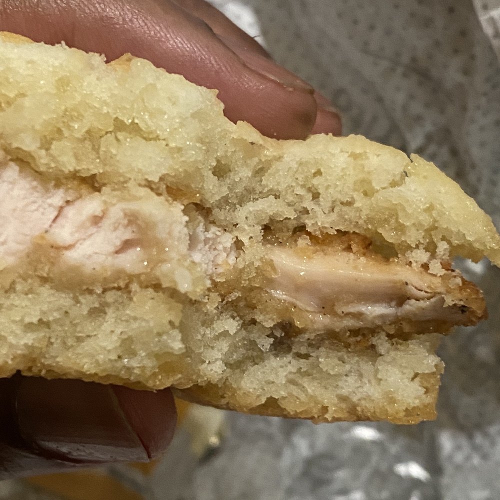Chick-fil-A - Pink inside of the Chick-fil-A biscuit. Not cooked all the way! - Fast Food Near Me - Carson, California Chick-fil-A - Pink inside of the Chick-fil-A biscuit. Not cooked all the way! - Fast Food Near Me - Carson, California