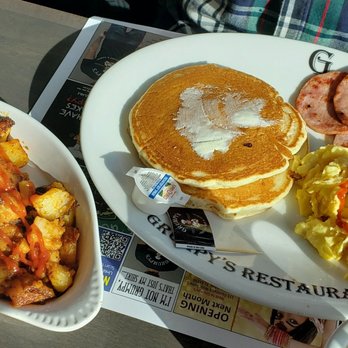 Grumpy's Restaurant - Combo #1 - scarmbled eggs, Canadian bacon, 2 mini pancakes and a side of homefries - Breakfast & Brunch Near Me - St. Johns, Florida Grumpy's Restaurant - Combo #1 - scarmbled eggs, Canadian bacon, 2 mini pancakes and a side of homefries - Breakfast & Brunch Near Me - St. Johns, Florida