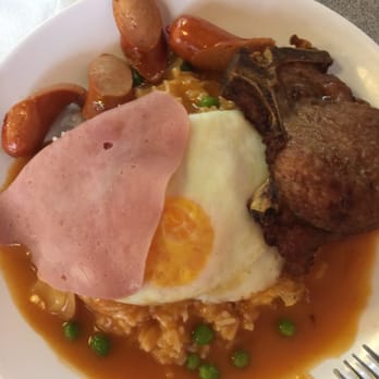 Ching Yip Coffee Lounge - Deep fried pork chop rice with tomato sauce, hongkie sausage, ham and fried egg on top! They call it "beach pork chop rice"! - Chinese Near Me - Haymarket, NSW