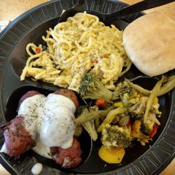 United Supermarkets - I just needed a cheap meal to hold me. This was spaghetti chicken, red potatoes, and mixed veggies plus a roll for $6.99