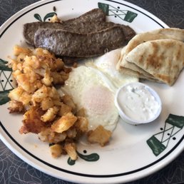 Souvlaki breakfast with home fries and pita replacing the toast. The meat is excellent, and the pita seems freshly baked.