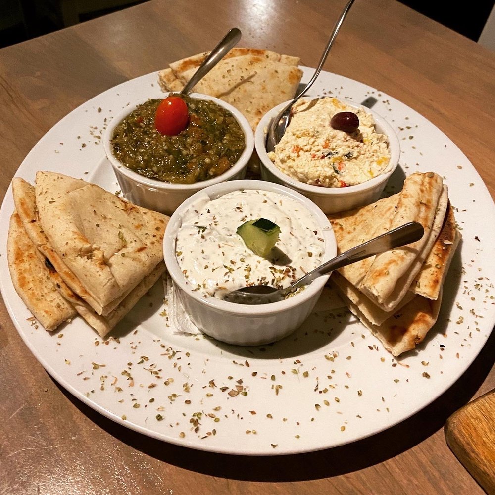Mythos - Pikilia with Tzatziki, Melitzanosalata, and Chef's Dip (clockwise) - Greek Near Me - Burlington, Ontario