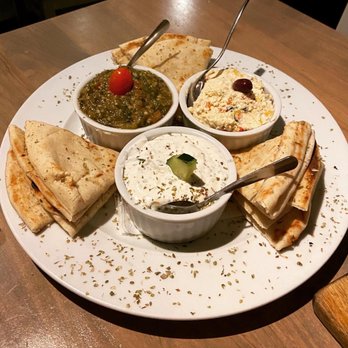 Mythos - Pikilia with Tzatziki, Melitzanosalata, and Chef's Dip (clockwise) - Greek Near Me - Burlington, Ontario