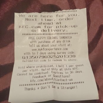 KFC - The torn receipt where Jeff didnt want me to know anyone's name to make a complaint - Chicken Wings Near Me - Conyers, Georgia KFC - The torn receipt where Jeff didnt want me to know anyone's name to make a complaint - Chicken Wings Near Me - Conyers, Georgia