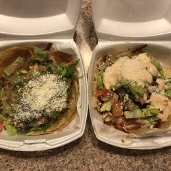 Taqueria El Dorado - The Piedre (pulled pork) taco on the left and the ranchero (chicken) taco on this right