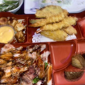 Tokyo Garden - Bento Box Chicken (D-1) Tempura , potato , scallops, watermelon - Sushi Bars Near Me - Downey, California Tokyo Garden - Bento Box Chicken (D-1) Tempura , potato , scallops, watermelon - Sushi Bars Near Me - Downey, California