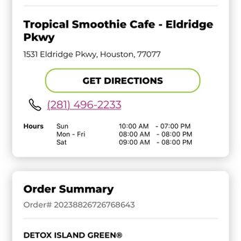 Tropical Smoothie Cafe - My order that confirmed pickup at 10:21 am - Juice Bars & Smoothies Near Me - Houston, Texas
