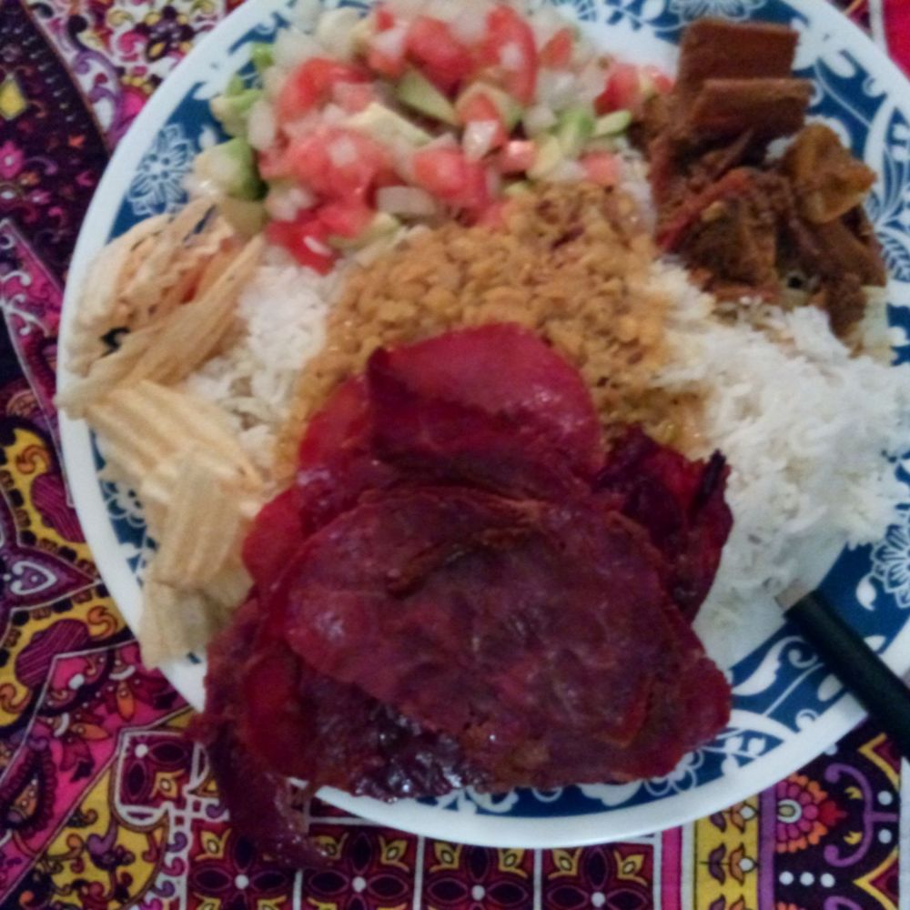 Byblos Mini Market - Made this at home. Spiced, cured, beef slices, lentil soup over white rice, pickled mangoes, fresh salad, some chips. Great selection - International Grocery Near Me - Lynnwood, Washington
