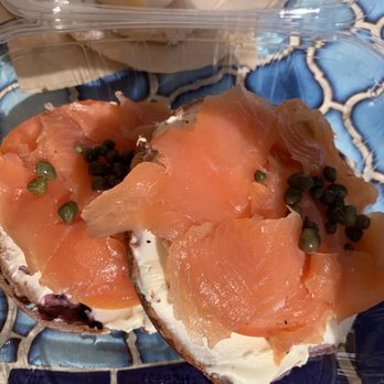 Cafe Sol - Salmon, cream cheese, capers and tomato on a blueberry bagel - Cafes Near Me - Niantic, Connecticut