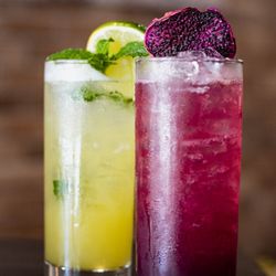 Holden Oversoul Kitchen & Oyster Bar - Fresh Green and Purple colored drinks with fresh garnish.