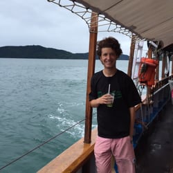 Escuna Zephyr - My son enjoying the Bay of Ilha Grande.