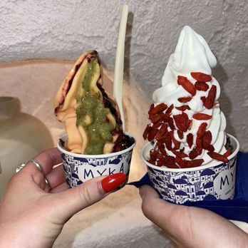 MYKA - grapefruit flavor with pistachio and berry compote (left), original with goji berries (right)- delish! - Ice Cream & Frozen Yogurt Near Me - San Diego, California MYKA - grapefruit flavor with pistachio and berry compote (left), original with goji berries (right)- delish! - Ice Cream & Frozen Yogurt Near Me - San Diego, California
