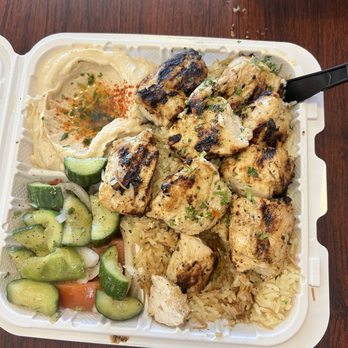 Tut's Kabob - Chicken skewer, hummus, cucumber salad, Persian rice - Mediterranean Near Me - Glendora, California
