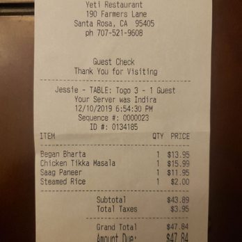 Yeti Restaurant - Got a Saag Paneer without any Paneer :( - Indian Near Me - Santa Rosa, California