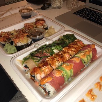 Sakura Sushi Depot - The three rolls on the right should be (from left to right) Ocean 3 Brothers Roll, Awesome Roll, Red Dragon Roll - Japanese Near Me - New Brunswick, New Jersey