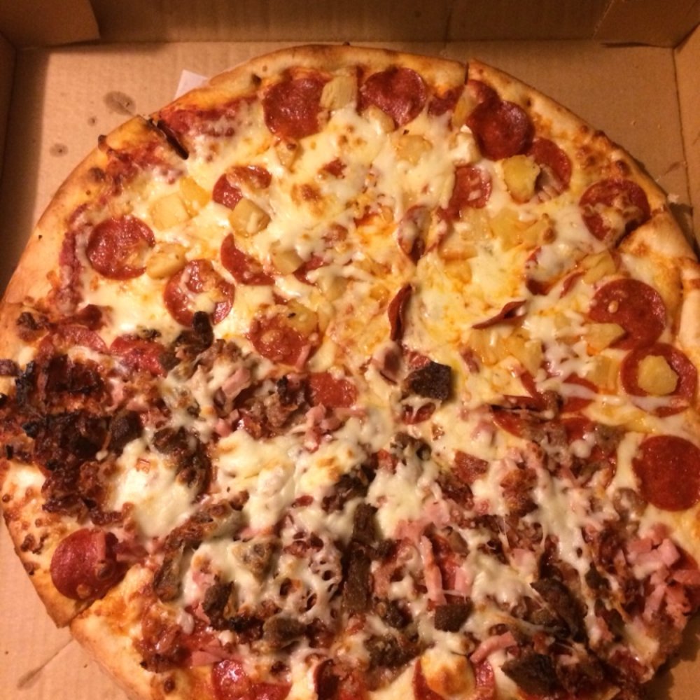 Olympia Cafe - Half pepperoni N pineapple and half meat lovers - Pizza Near Me - Atlantic Beach, Florida