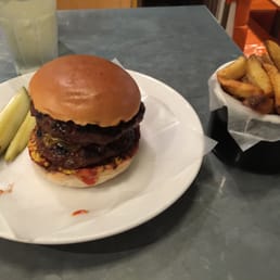 Double Bacon Cheese with skin on fries and fresh squeezed Lemonade.