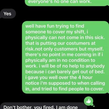 Subway - texts where she fired an employee whom was sick - Fast Food Near Me - Carlisle, Iowa