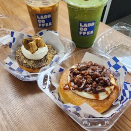 Strawberry matcha, vanilla bean latte, pecan cinnamon roll doughnut, and smores doughnut Strawberry matcha, vanilla bean latte, pecan cinnamon roll doughnut, and smores doughnut