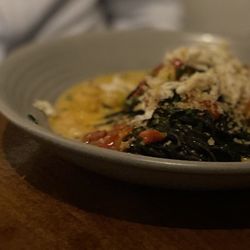 Horno Restaurant - Squid ink capellini with rock shrimp, lump crab, piquillo peppers, basil, saffron cream, garlic breadcrumbs