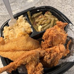 Suthern Cluck Chicken and Waffle - Chicken, Fish, Clack n Cheese, and Green Beans with potatoes