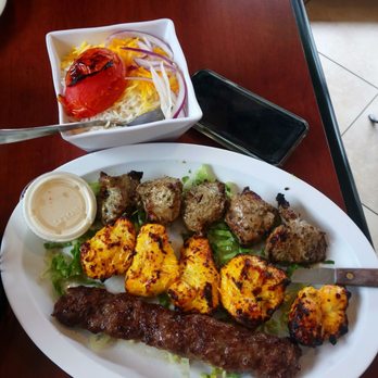Village Grill - Combo of 3 kababs; beef, chicken and lamb. Simply delicious. - Mediterranean Near Me - Great Falls, Virginia Village Grill - Combo of 3 kababs; beef, chicken and lamb. Simply delicious. - Mediterranean Near Me - Great Falls, Virginia