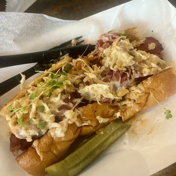 Hamm's Meat Market - Reuben Waygu Hot Dog with house made pastrami and sausage was out of this world! (I had to cut it in half) - Meat Shops Near Me - McKinney, Texas