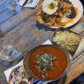 Fish Gaucho - Pozole with a side of rice, and the chilaquiles - Mexican Near Me - Paso Robles, California