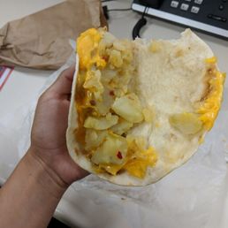 My friend's breakfast taco was missing the egg. My friend's breakfast taco was missing the egg.