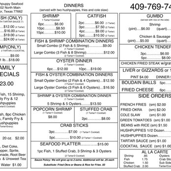 Hushpuppy Seafood - Updated Menu October 9, 2018 - Seafood Near Me - Vidor, Texas