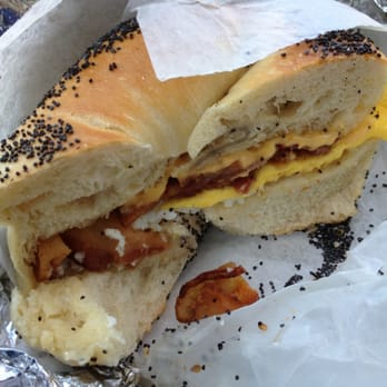 Bagel Cafe - Now that's a bacon egg and cheese on a hand rolled bagel! Yum! - Bagels Near Me - New Providence, New Jersey