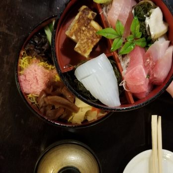 Yoshitsune Restaurant - Tiered chirashi. Two bowls of assorted sashimi - Japanese Near Me - Honolulu, Hawaii Yoshitsune Restaurant - Tiered chirashi. Two bowls of assorted sashimi - Japanese Near Me - Honolulu, Hawaii
