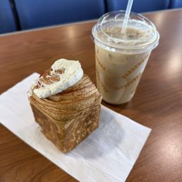 Strawberry croissant cube and iced latte Strawberry croissant cube and iced latte